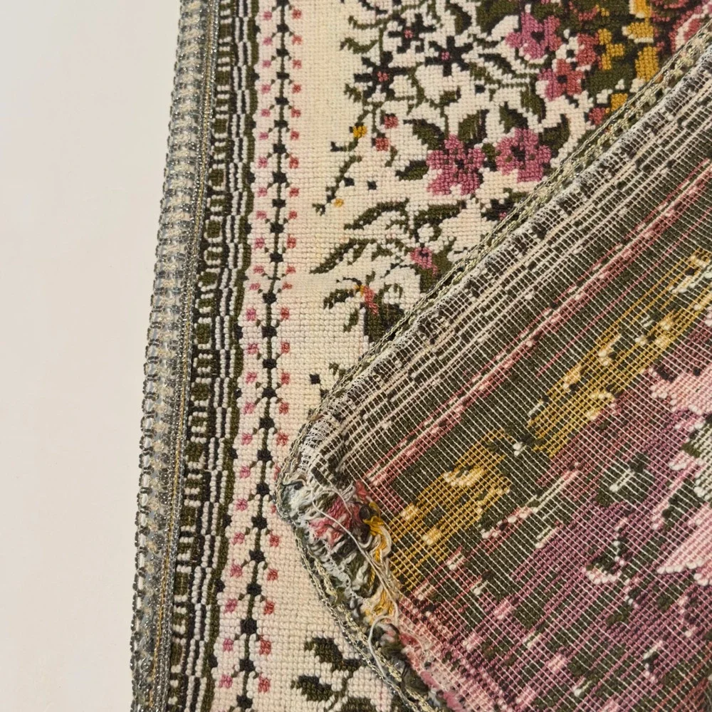 Vintage Floral Needlepoint Table Runner Pink Cream Rose Tapestry 37x13 Decor